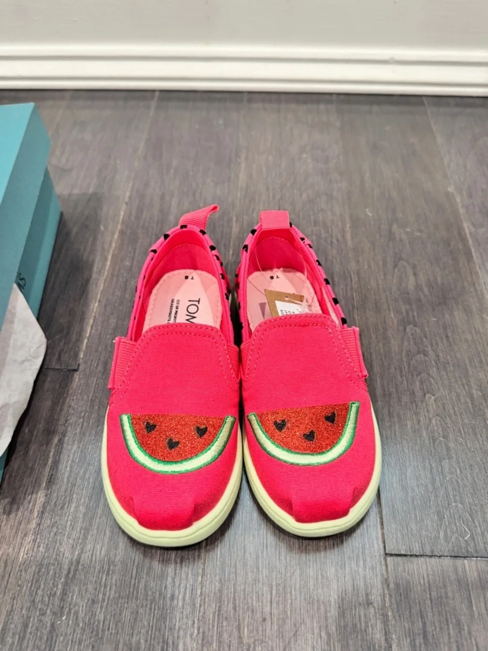 NWT TOMS Girls 8 Kids Pink Black Green Watermelon Slip-On Sneakers Canvas Shoes
